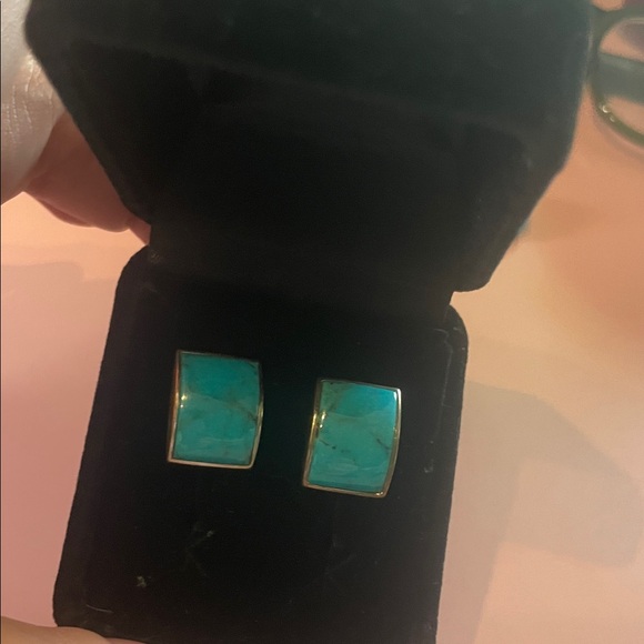 Stunning Native American Navajo Sterling Silver Square Turquoise Stud Earrings, - Picture 1 of 2